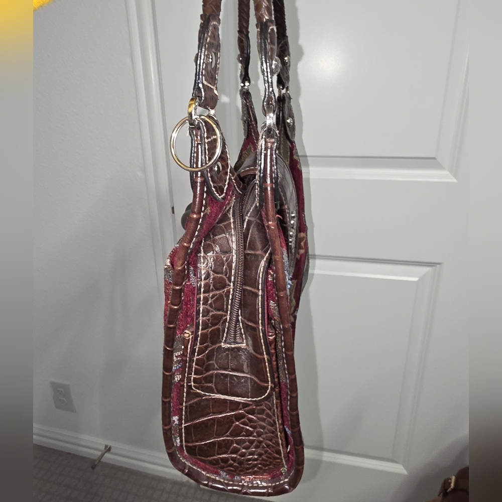 Burgundy Floral Tapestry Purse With Brown Faux Leather - Picture 3 of 11
